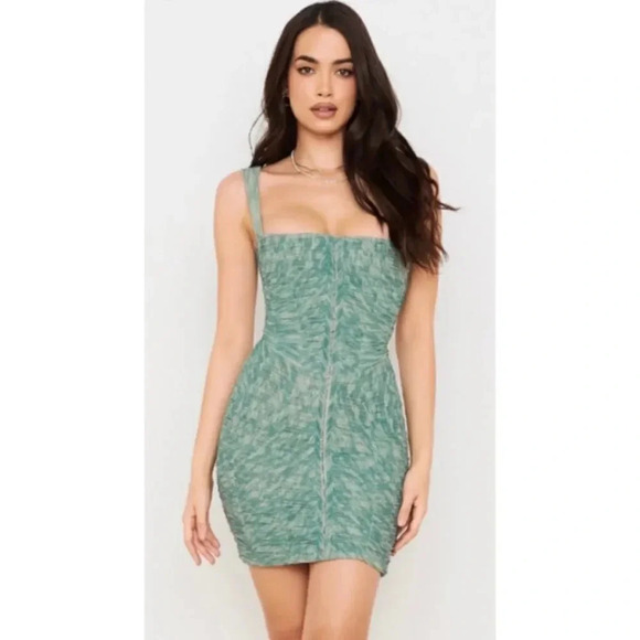 House of CB Dresses & Skirts - House of CB Cate Ivy Print Ruched Mesh Mini Dress